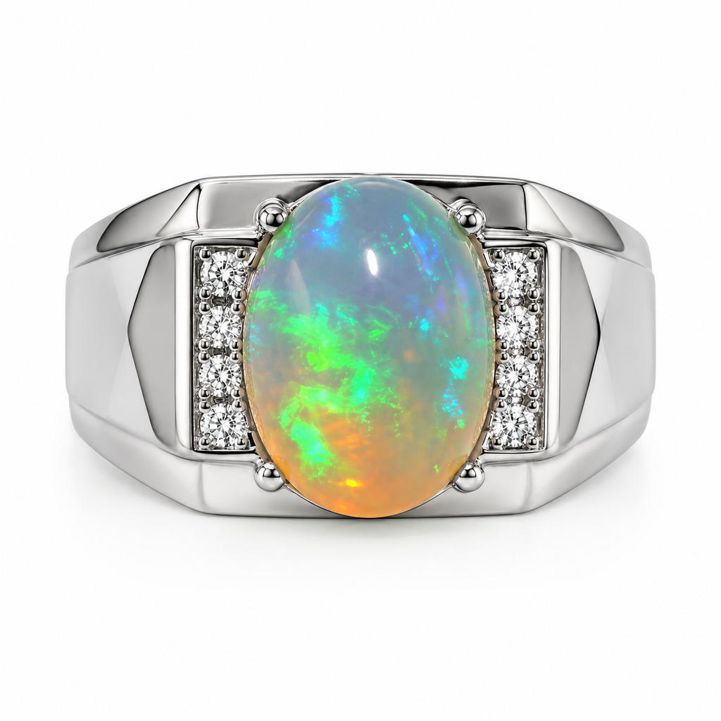 Men's Fire Opal Ring 10x14mm, Natural Opal Men's Ring 925 Sterling Silver