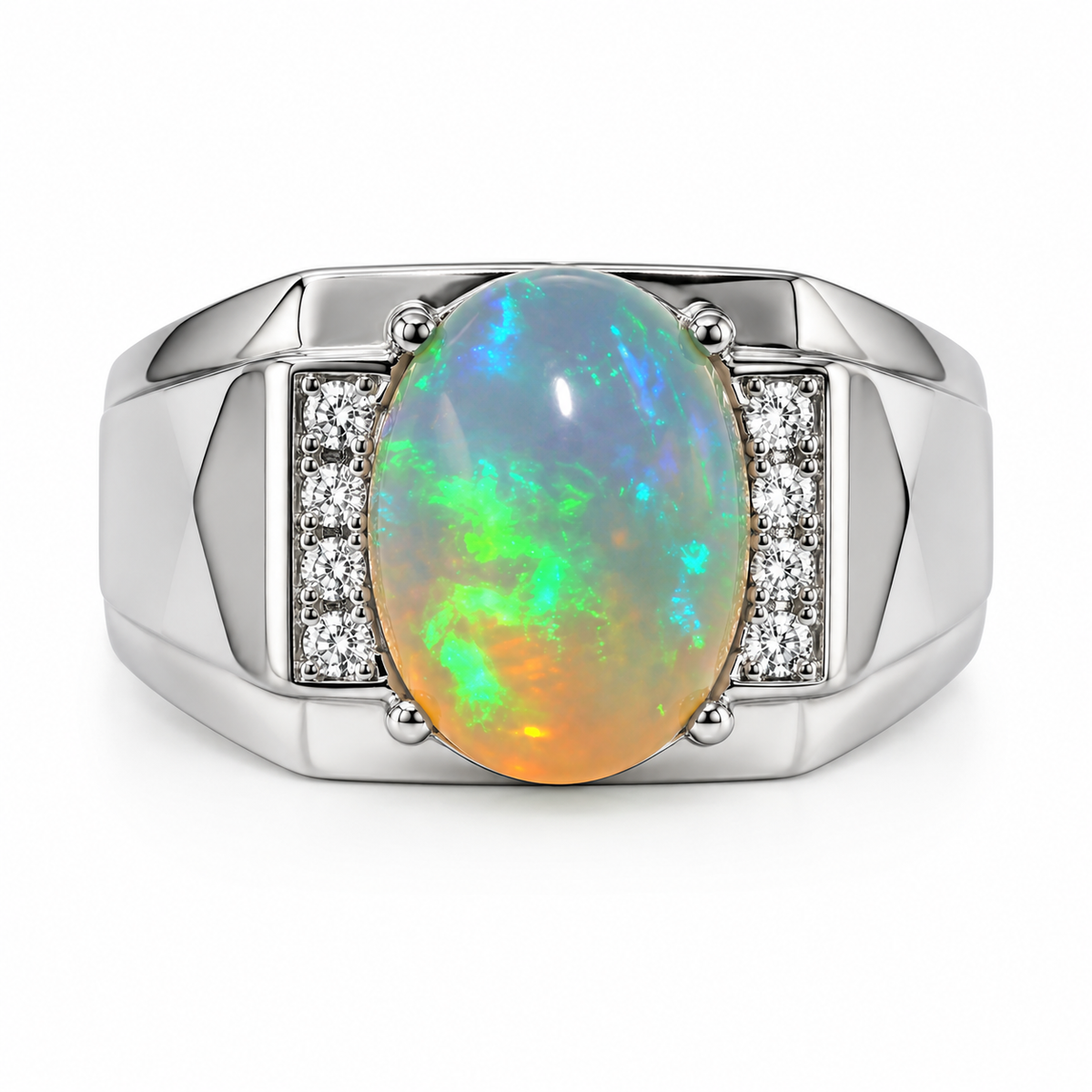 Men's Fire Opal Ring 10x14mm, Natural Opal Men's Ring 925 Sterling Silver