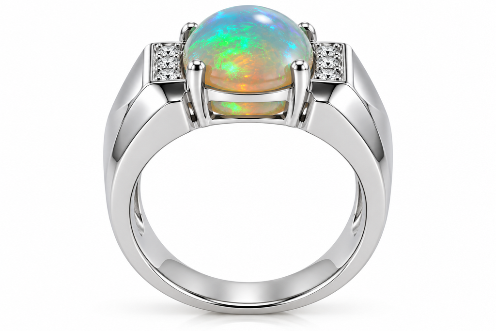 Men's Fire Opal Ring 10x14mm, Natural Opal Men's Ring 925 Sterling Silver