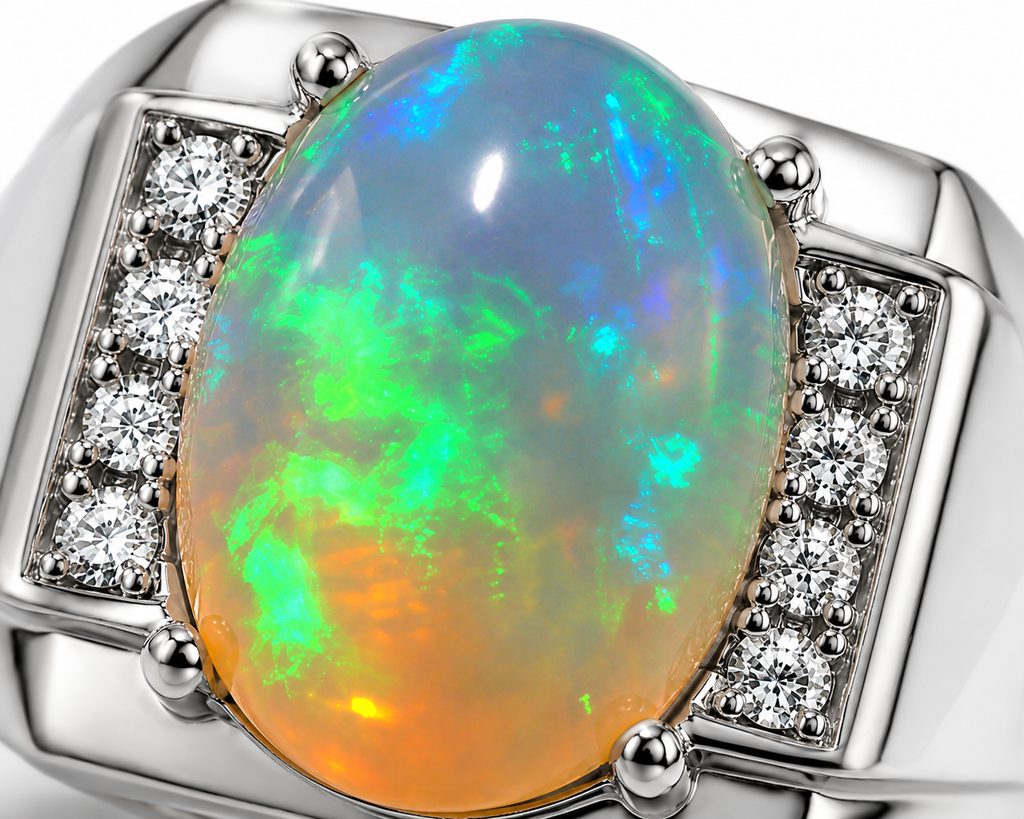 Men's Fire Opal Ring 10x14mm, Natural Opal Men's Ring 925 Sterling Silver