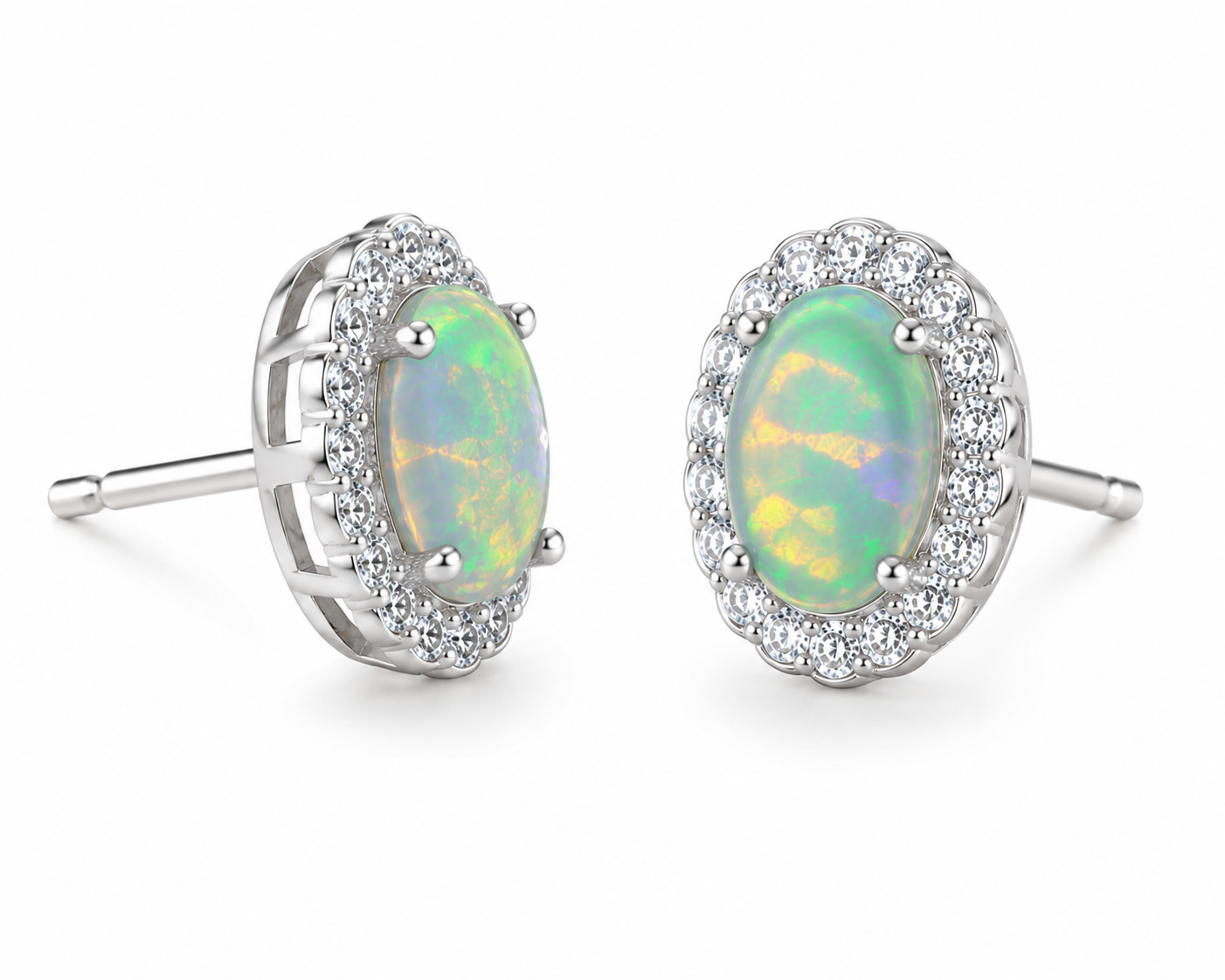 Colorful Fire Opal Stud Earrings, Australian Opal Stud Earrings Sterling 6x8mm