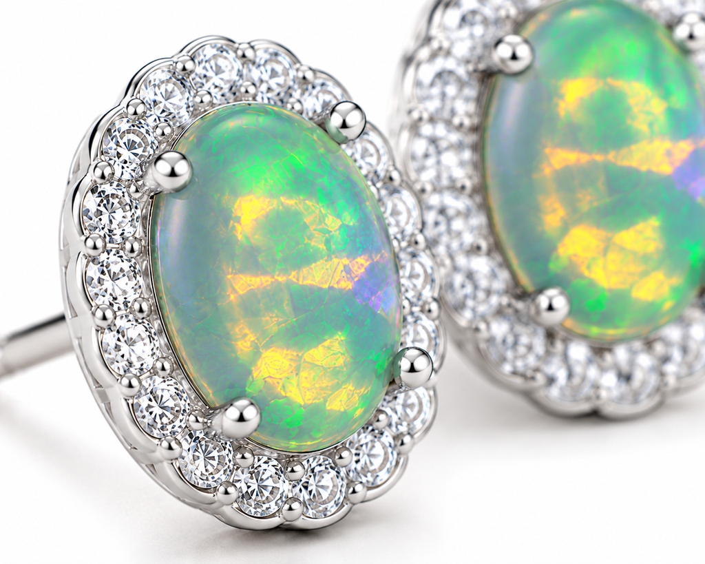 Colorful Fire Opal Stud Earrings, Australian Opal Stud Earrings Sterling 6x8mm