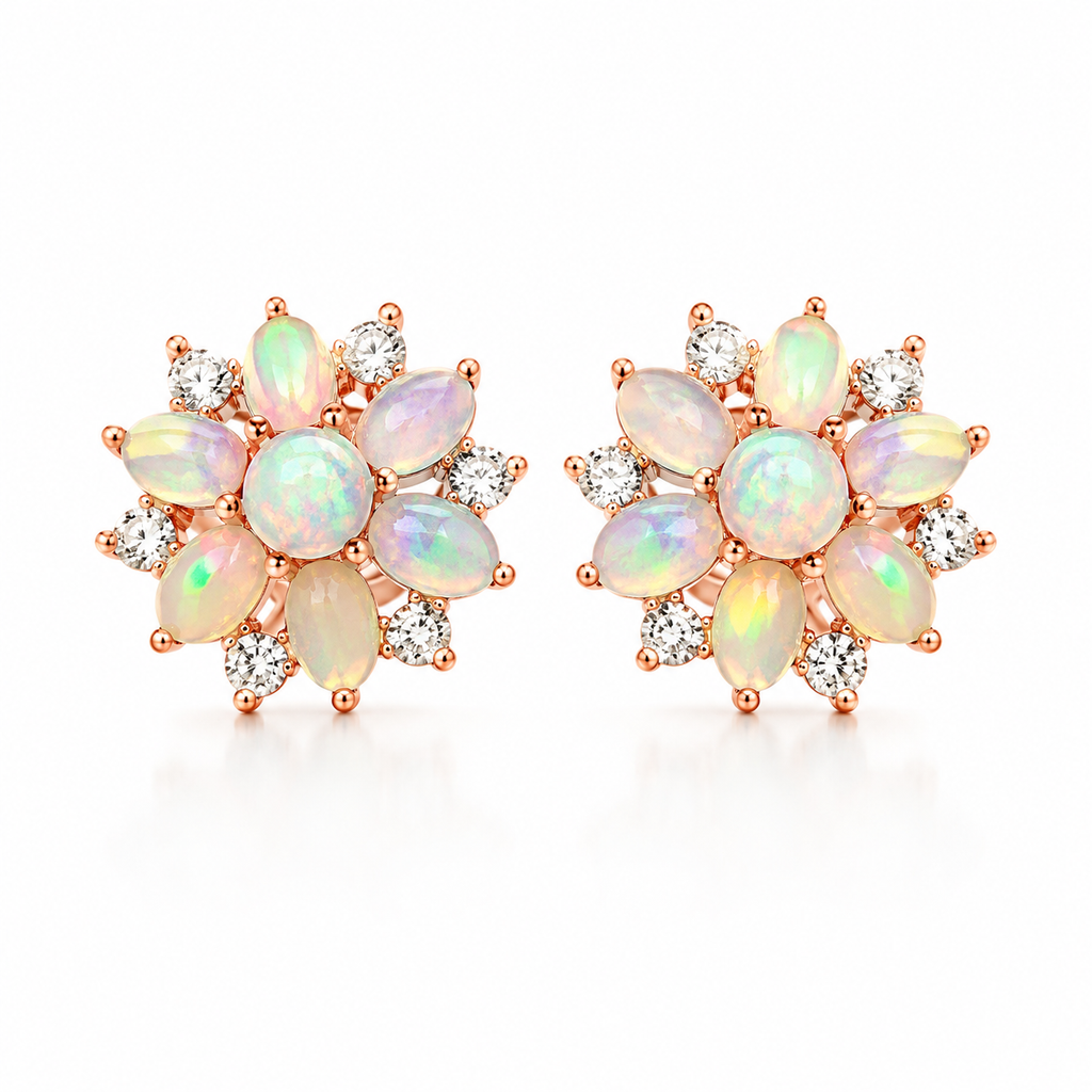 Fire Opal Cluster Stud Earrings, Natural Opal Earrings Sterling Silver Gold