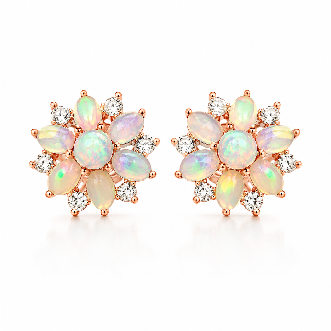 Fire Opal Cluster Stud Earrings, Natural Opal Earrings Sterling Silver Gold