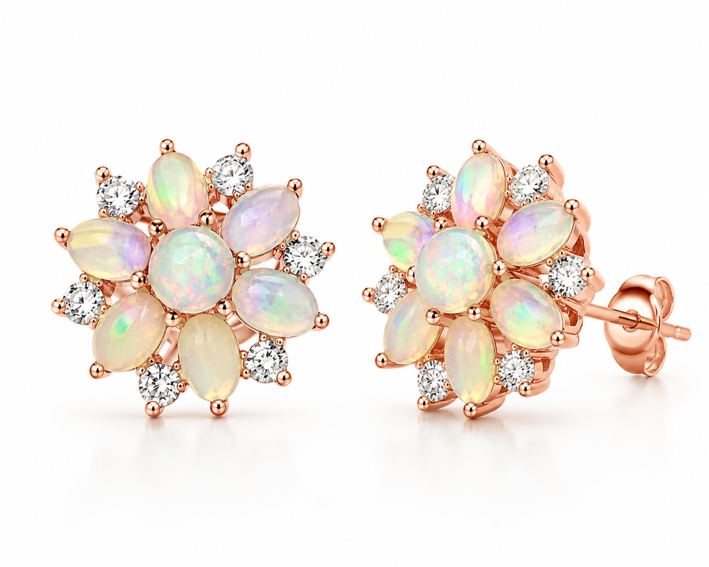 Fire Opal Cluster Stud Earrings, Natural Opal Earrings Sterling Silver Gold