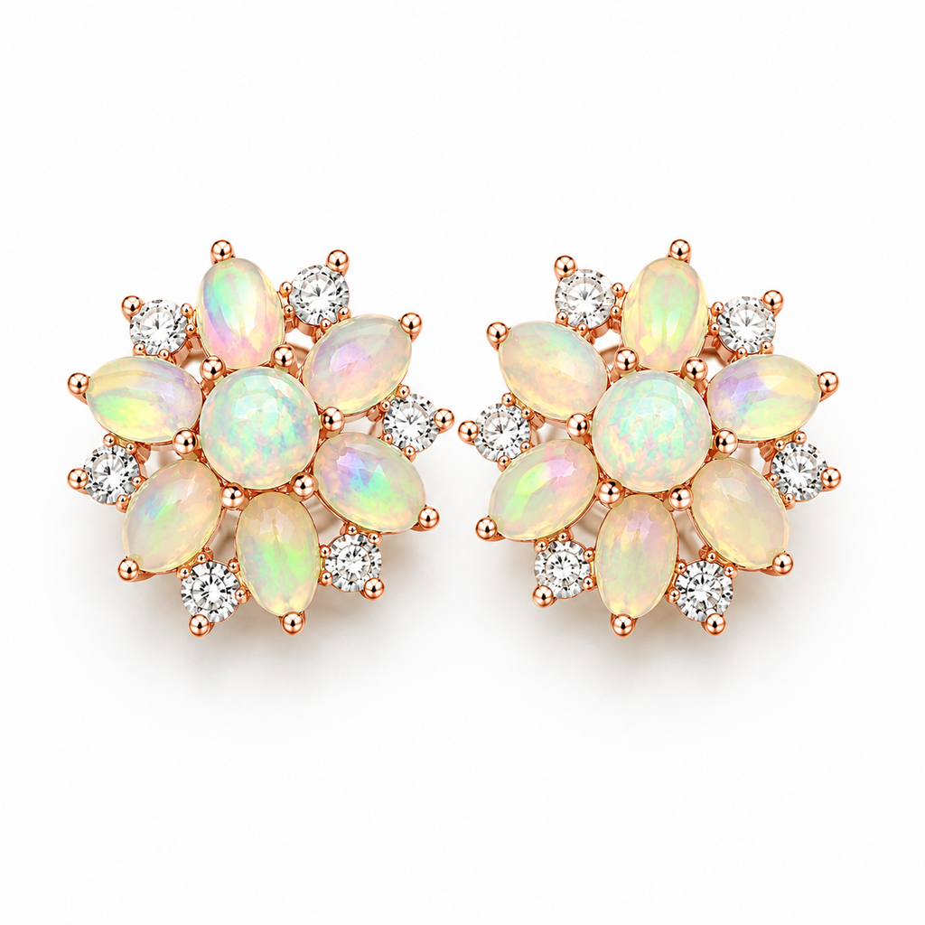 Fire Opal Cluster Stud Earrings, Natural Opal Earrings Sterling Silver Gold