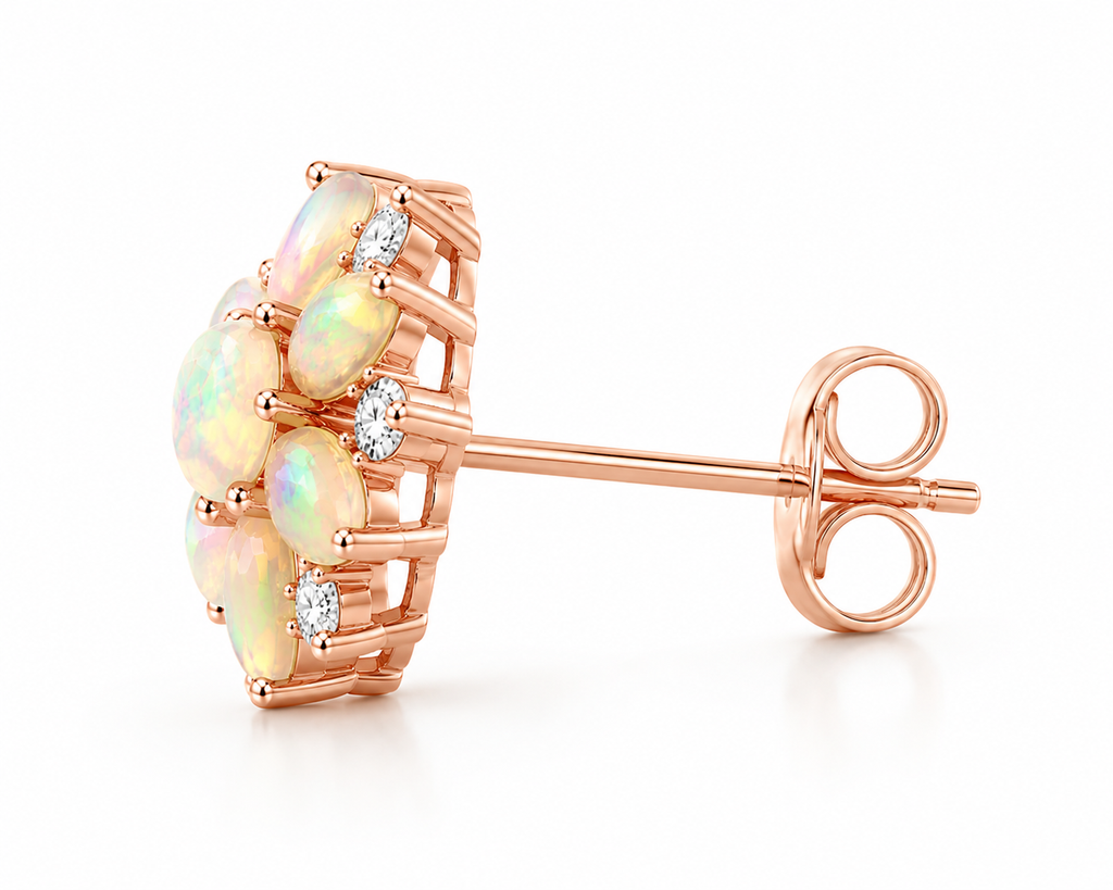 Fire Opal Cluster Stud Earrings, Natural Opal Earrings Sterling Silver Gold
