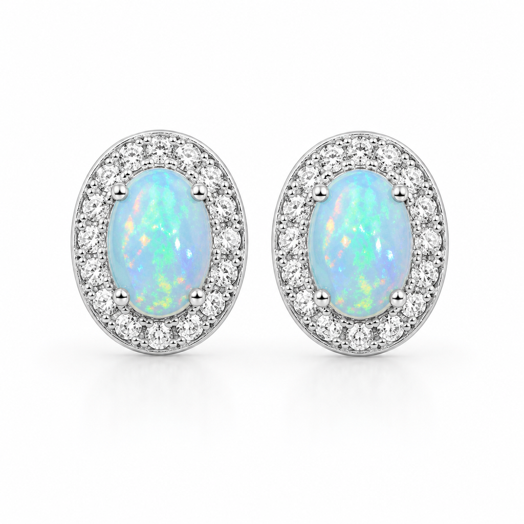 White Fire Opal Stud Earrings, Natural Opal 4x6mm Stud Earrings Sterling Silver
