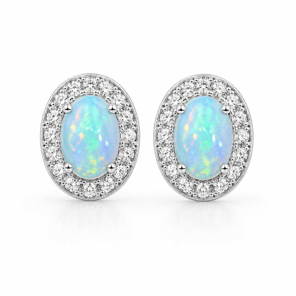 White Fire Opal Stud Earrings, Natural Opal 4x6mm Stud Earrings Sterling Silver
