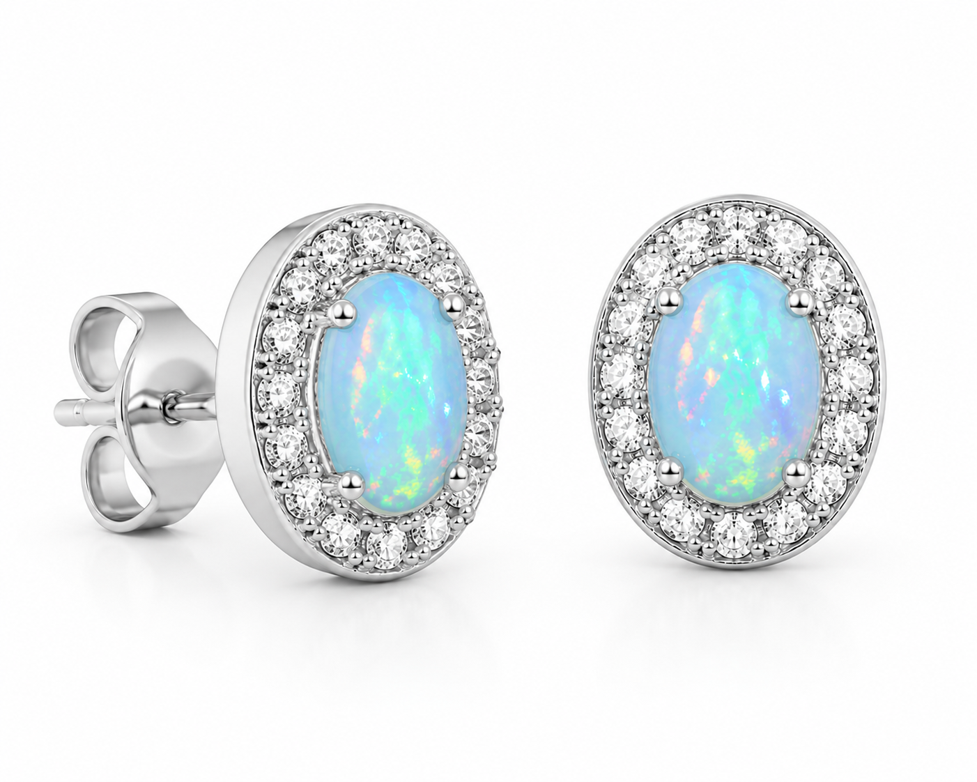 White Fire Opal Stud Earrings, Natural Opal 4x6mm Stud Earrings Sterling Silver
