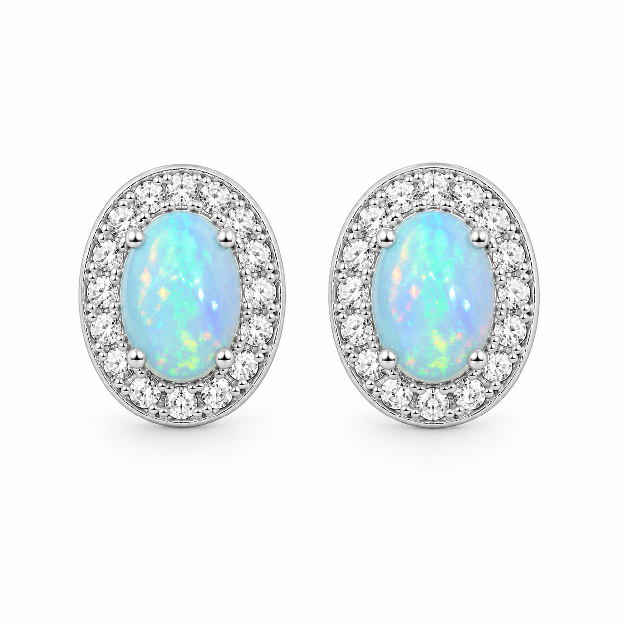 White Fire Opal Stud Earrings, Natural Opal 4x6mm Stud Earrings Sterling Silver