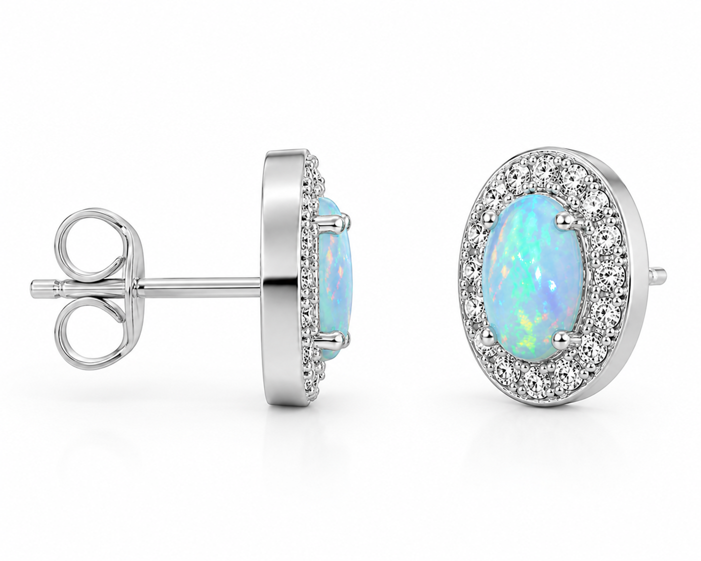 White Fire Opal Stud Earrings, Natural Opal 4x6mm Stud Earrings Sterling Silver