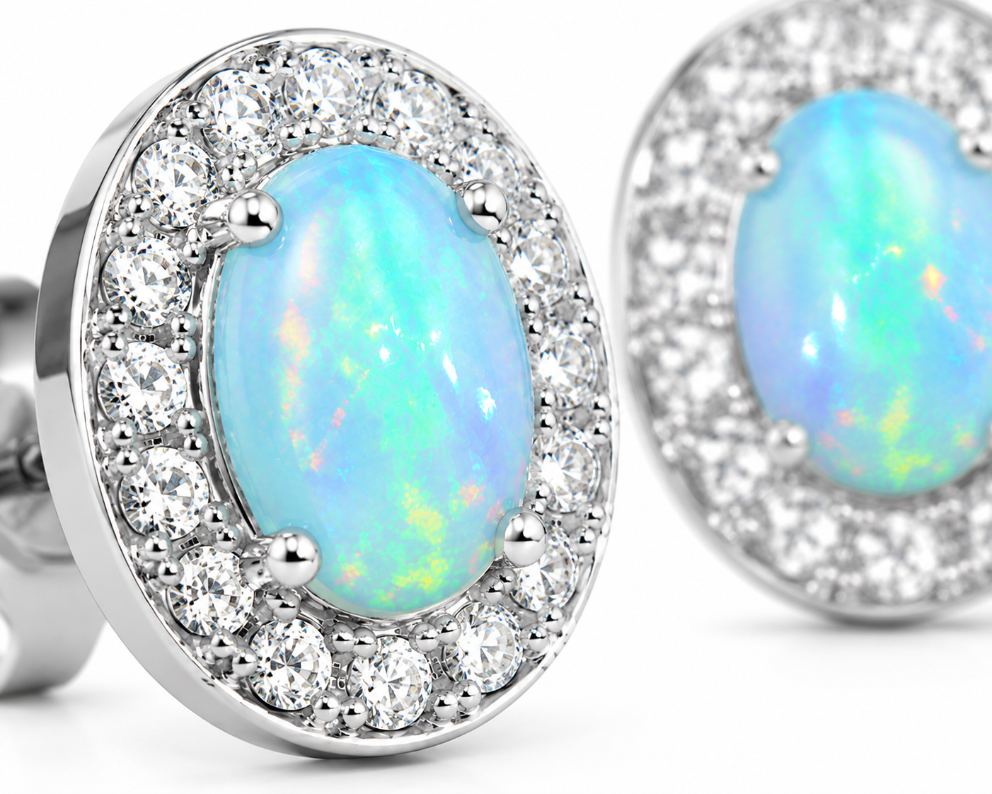 White Fire Opal Stud Earrings, Natural Opal 4x6mm Stud Earrings Sterling Silver