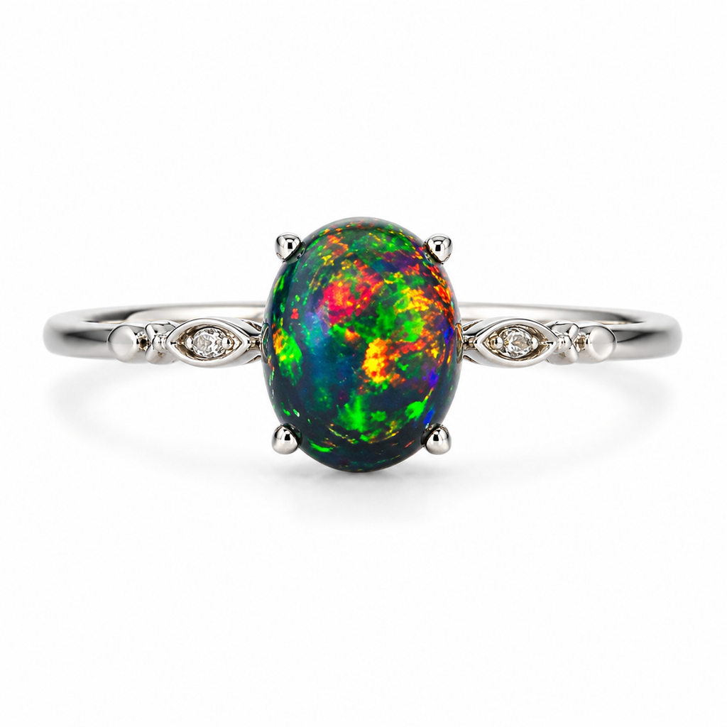 Black Fire Opal Statement Ring 8x10mm Sterling Silver