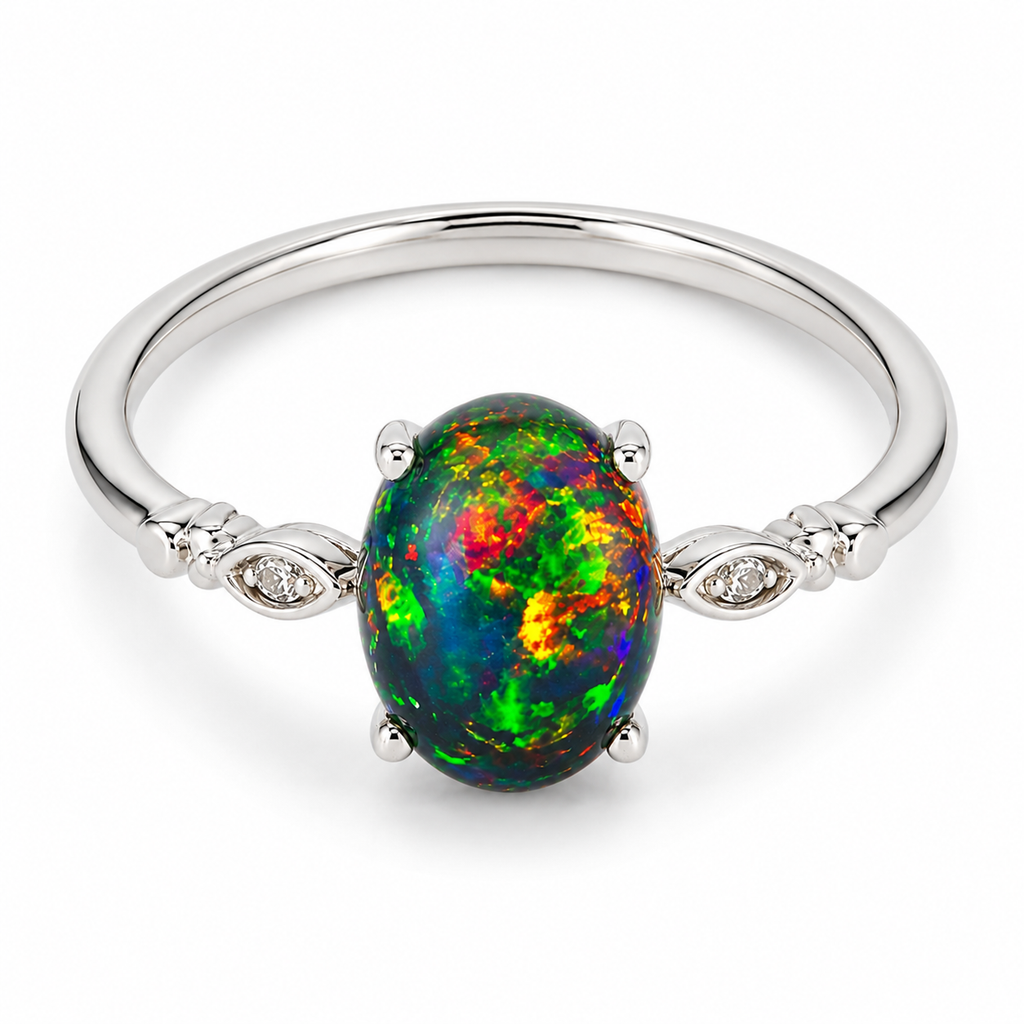 Black Fire Opal Statement Ring 8x10mm Sterling Silver
