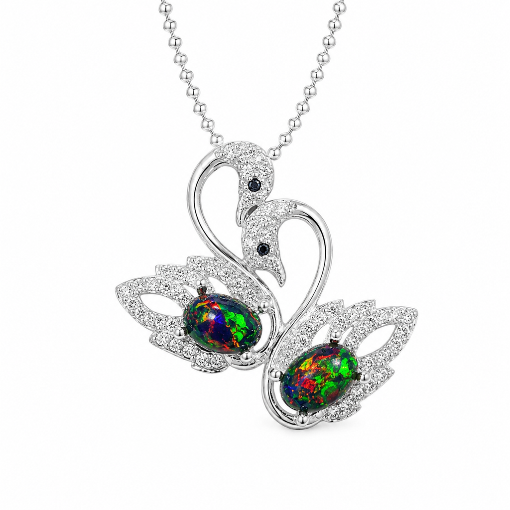 Colorful black fire opal double swan necklace with two 5x7mm oval Australian opals in sterling silver
