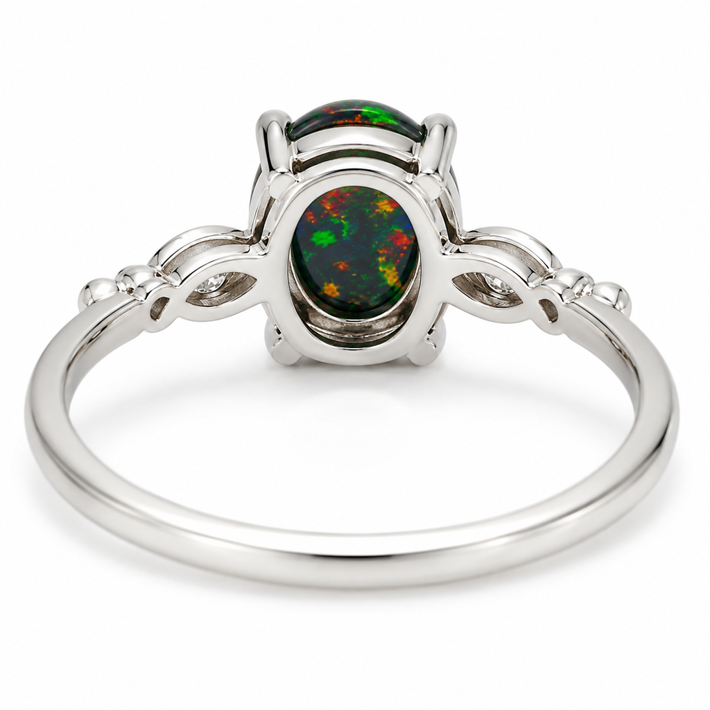 3 CT Australian Black Fire Opal Ring 8x10mm Oval October Birthstone Sterling Silver