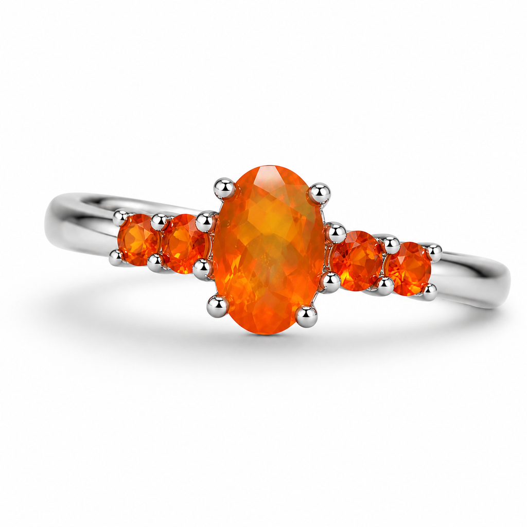 Natural Orange Fire Opal Band Ring 925 Sterling Silver 5x7mm
