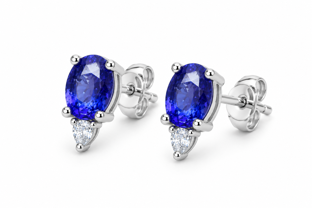 Dainty Blue Sapphire Stud Earrings 4x5mm Sterling Silver, Sapphire Earrings