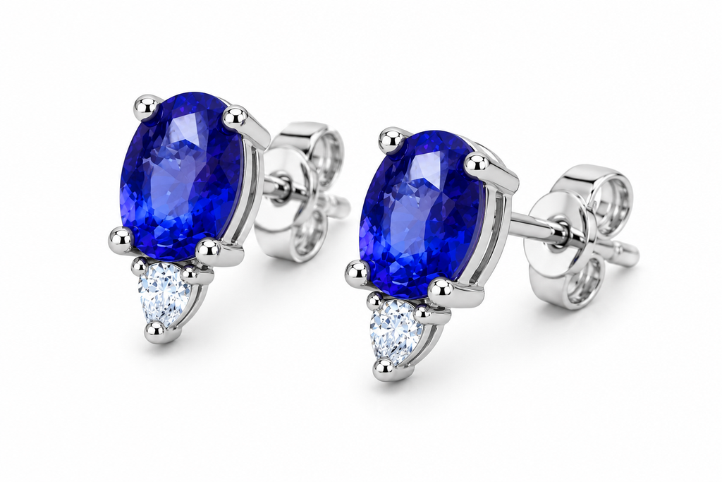 Dainty Blue Sapphire Stud Earrings 4x5mm Sterling Silver, Sapphire Earrings