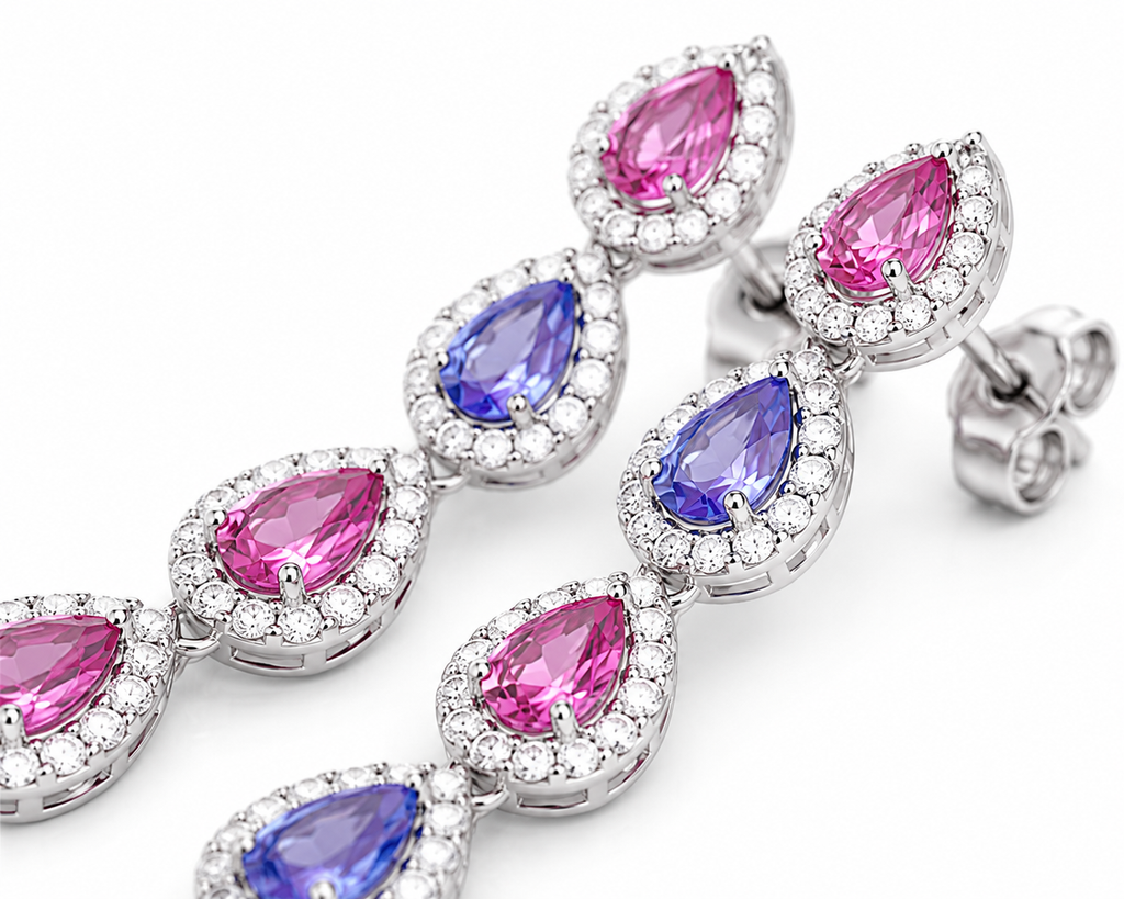 Natural Sapphire Stud Earrings, Pink and Purple Sapphire Dangle Earrings