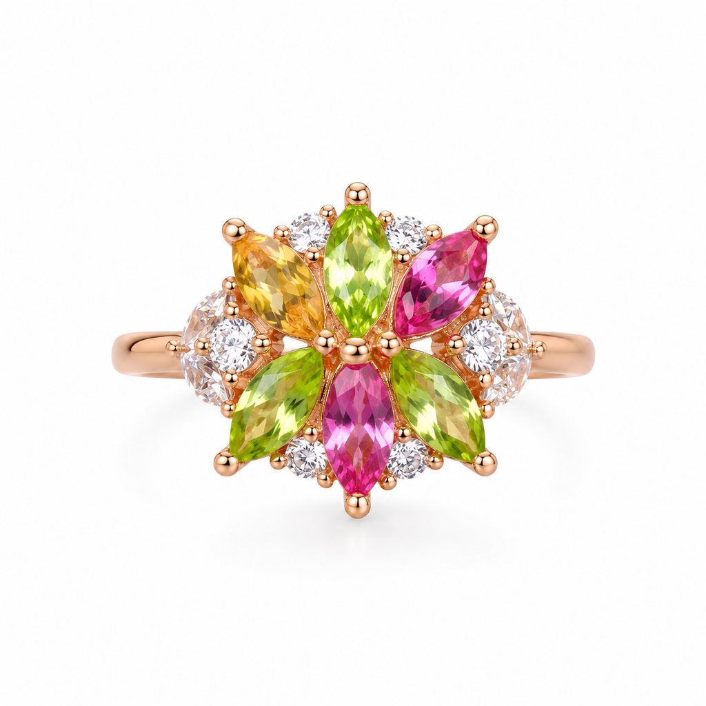 Natural Brazilian Tourmaline Flower Ring, Colorful Gemstone Cluster Ring, Oct.