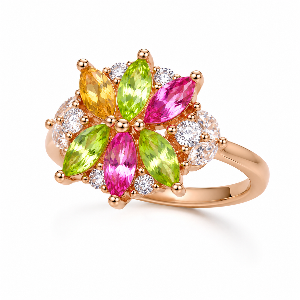 Natural Brazilian Tourmaline Flower Ring, Colorful Gemstone Cluster Ring, Oct.