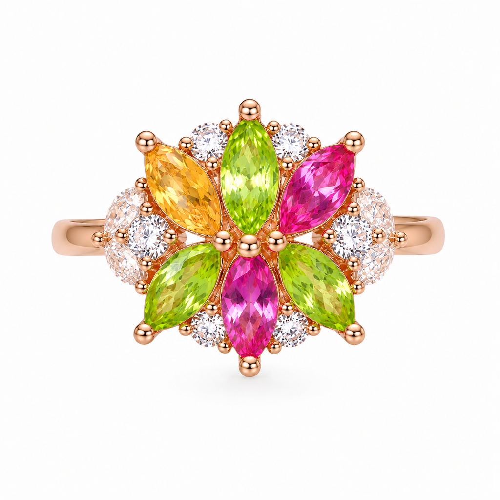 Natural Brazilian Tourmaline Flower Ring, Colorful Gemstone Cluster Ring, Oct.