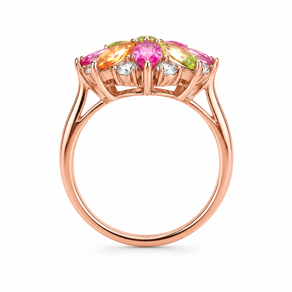Natural Brazilian Tourmaline Flower Ring, Colorful Gemstone Cluster Ring, Oct.