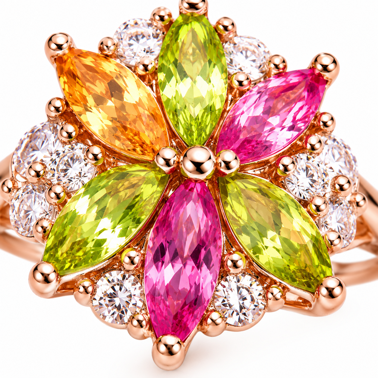 Natural Brazilian Tourmaline Flower Ring, Colorful Gemstone Cluster Ring, Oct.