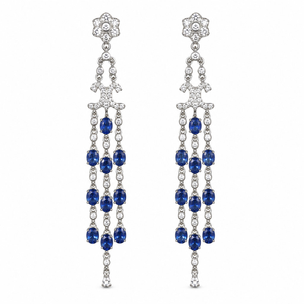Three Tier Chandelier Sapphire Earrings, Natural Blue Sapphire VVS Grade