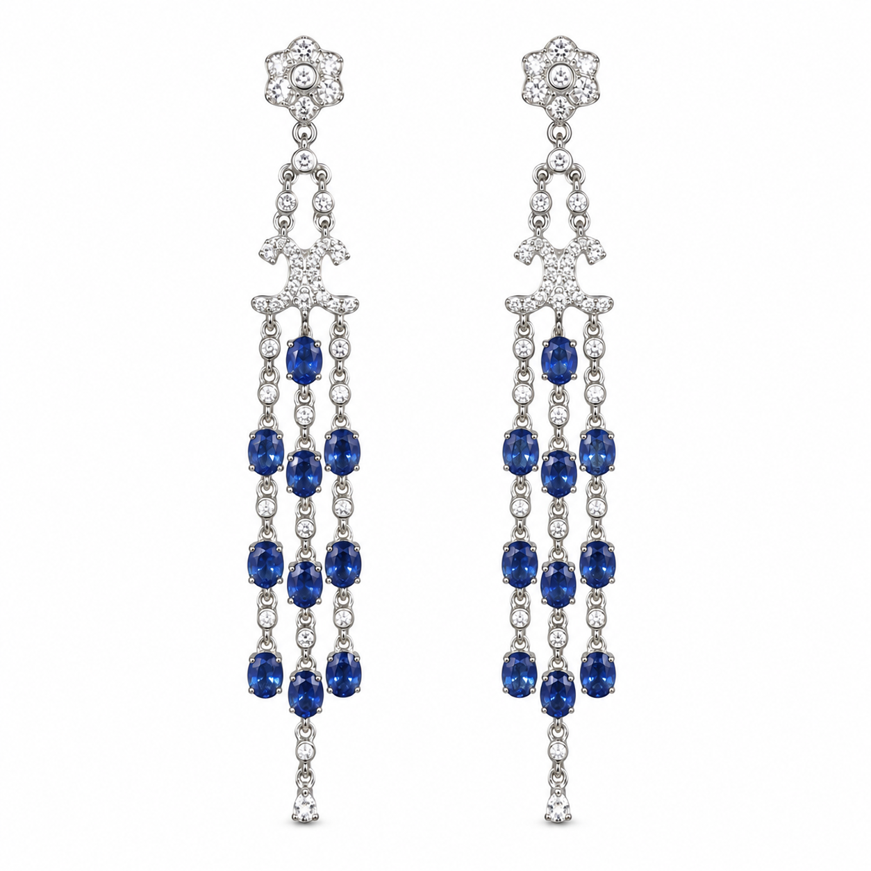 Three Tier Chandelier Sapphire Earrings, Natural Blue Sapphire VVS Grade