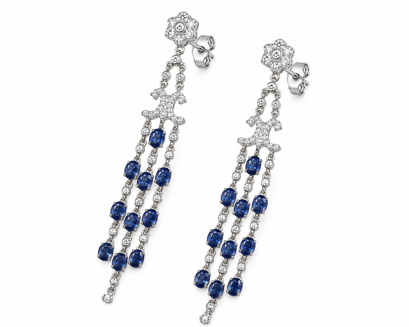 Three Tier Chandelier Sapphire Earrings, Natural Blue Sapphire VVS Grade