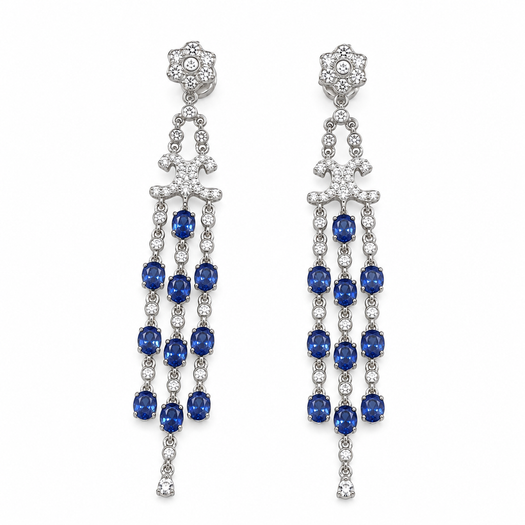 Three Tier Chandelier Sapphire Earrings, Natural Blue Sapphire VVS Grade