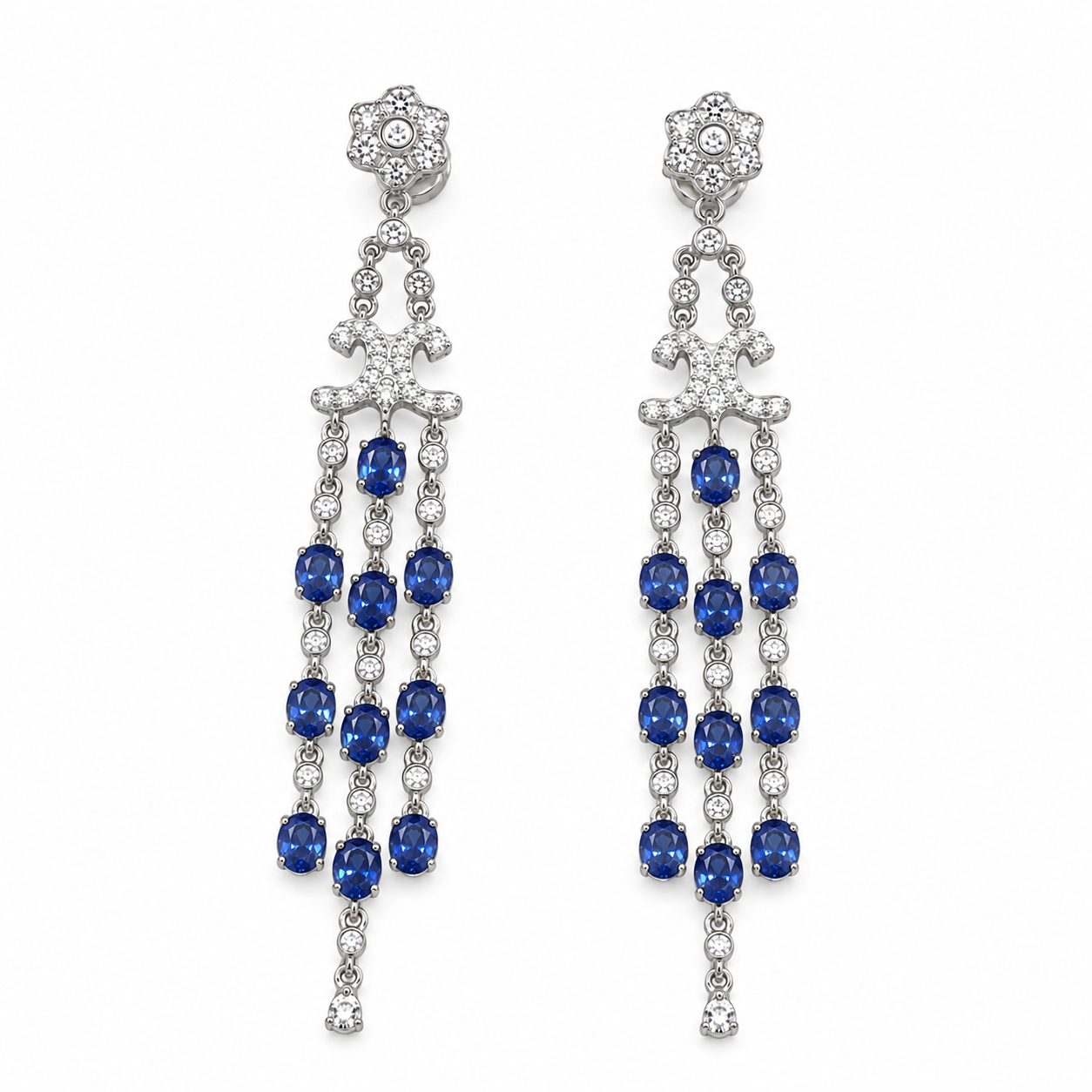 Three Tier Chandelier Sapphire Earrings, Natural Blue Sapphire VVS Grade