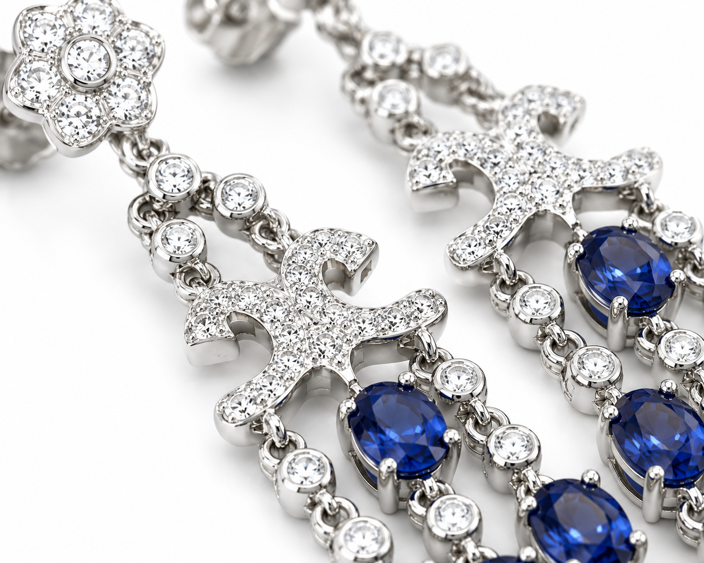 Three Tier Chandelier Sapphire Earrings, Natural Blue Sapphire VVS Grade