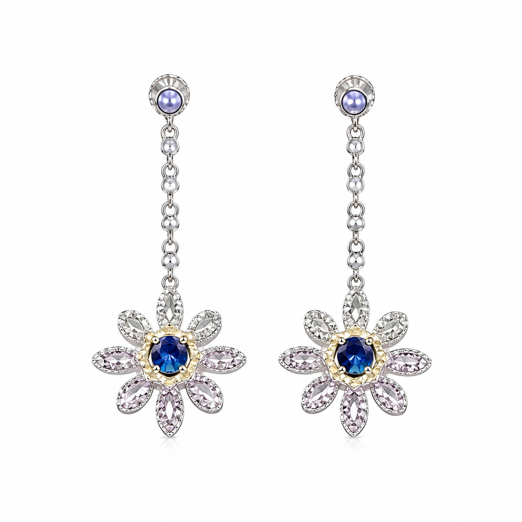 Blue Sapphire Long Dangle Flower Earrings, VVS Grade Blue Sapphire Earrings