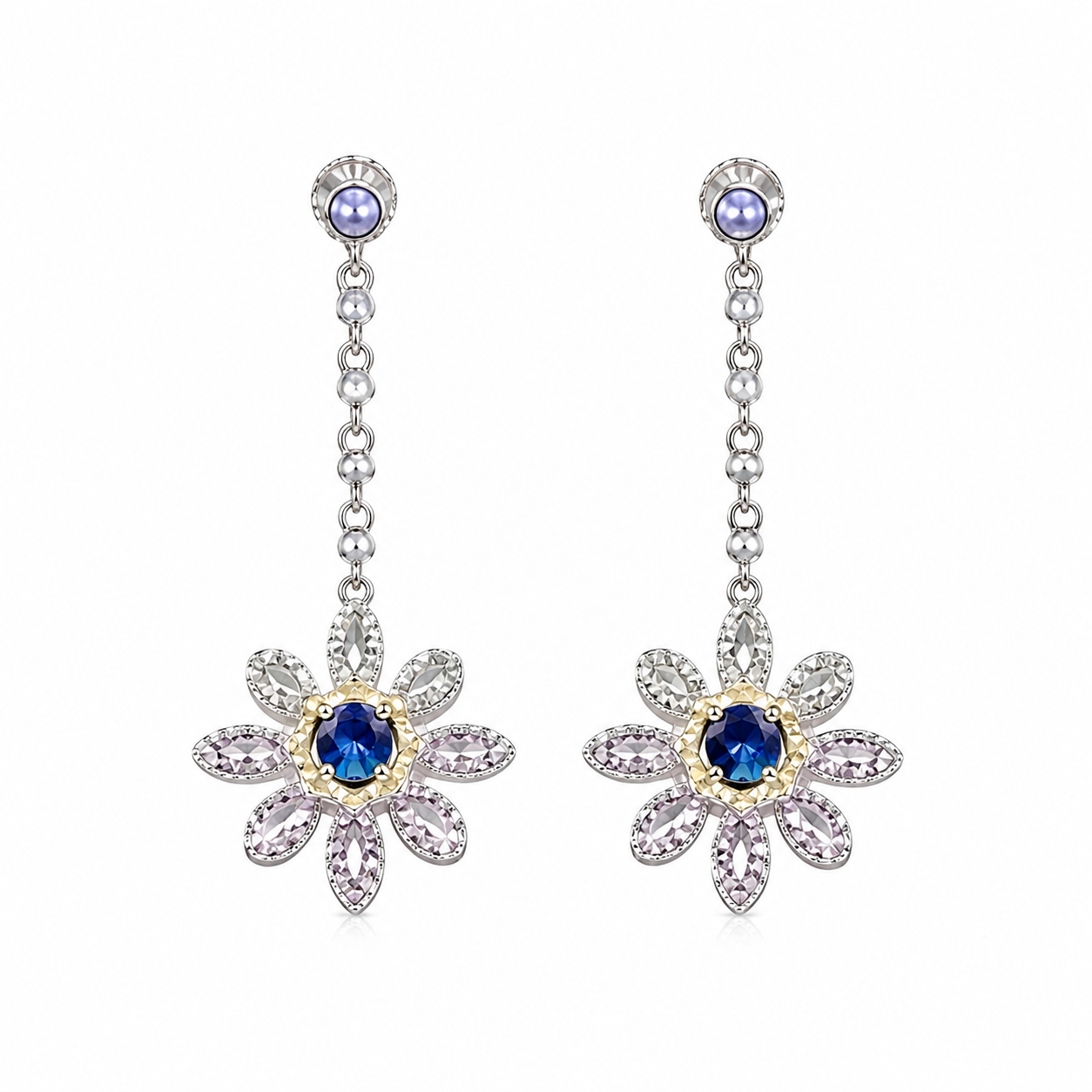 Blue Sapphire Long Dangle Flower Earrings, VVS Grade Blue Sapphire Earrings