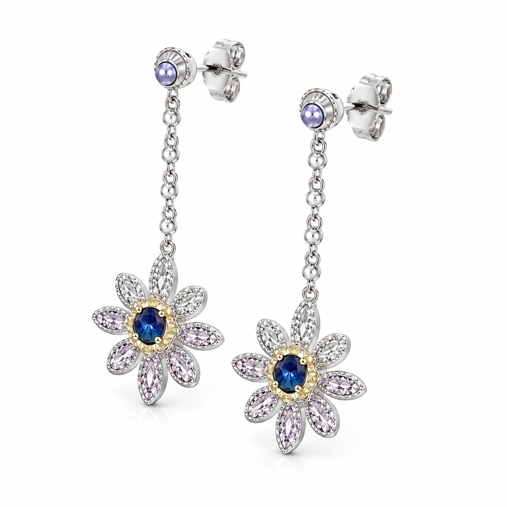 Blue Sapphire Long Dangle Flower Earrings, VVS Grade Blue Sapphire Earrings