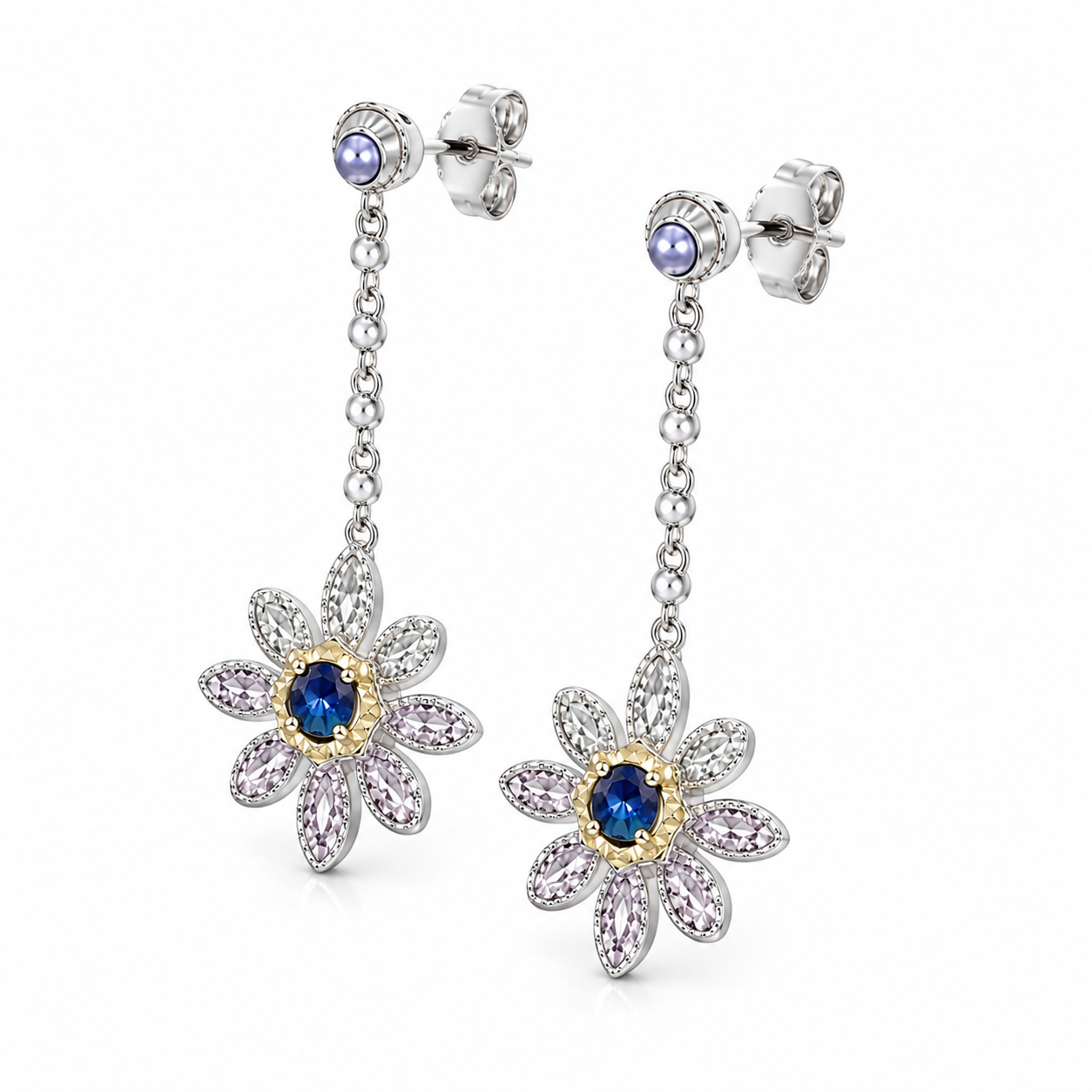 Blue Sapphire Long Dangle Flower Earrings, VVS Grade Blue Sapphire Earrings