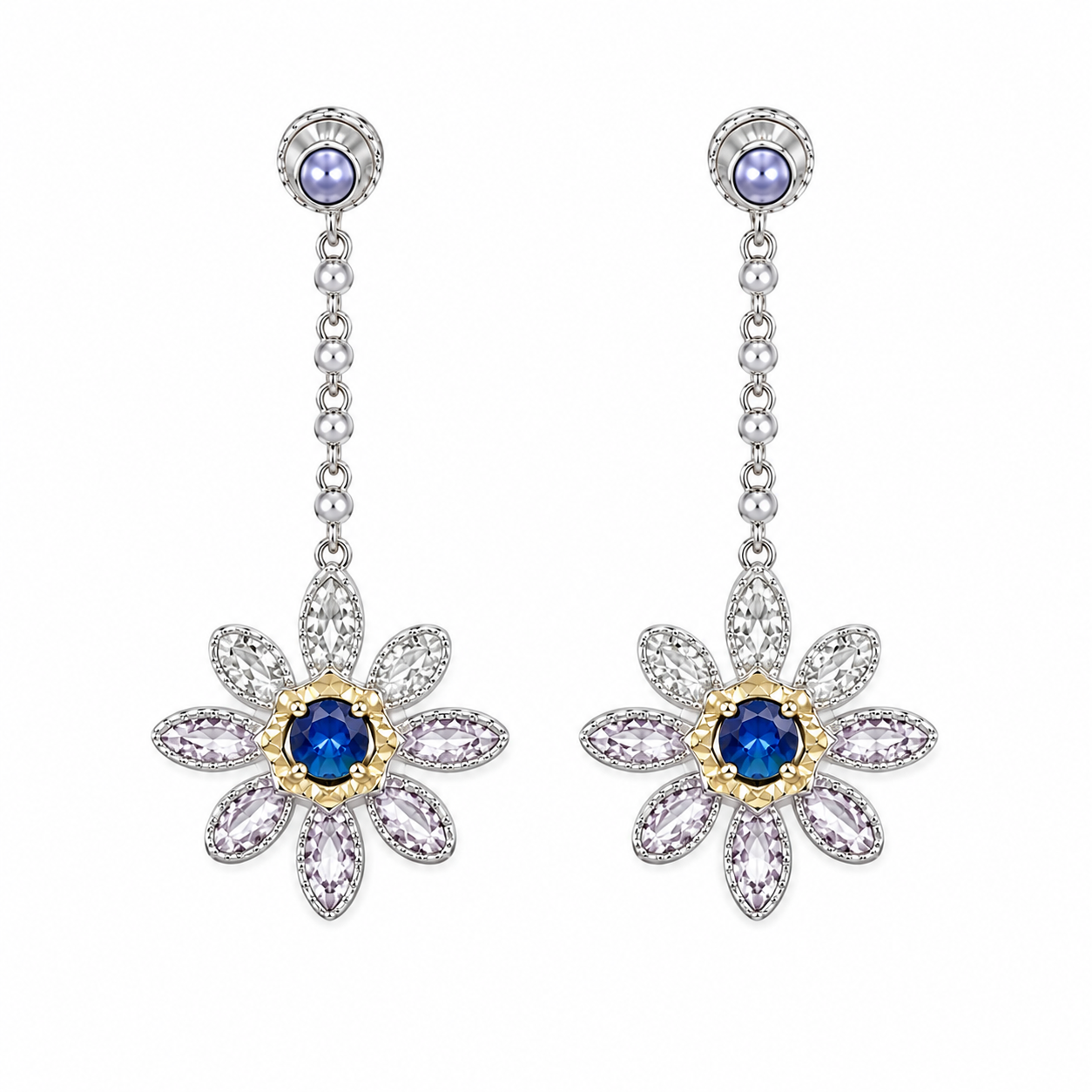 Blue Sapphire Long Dangle Flower Earrings, VVS Grade Blue Sapphire Earrings