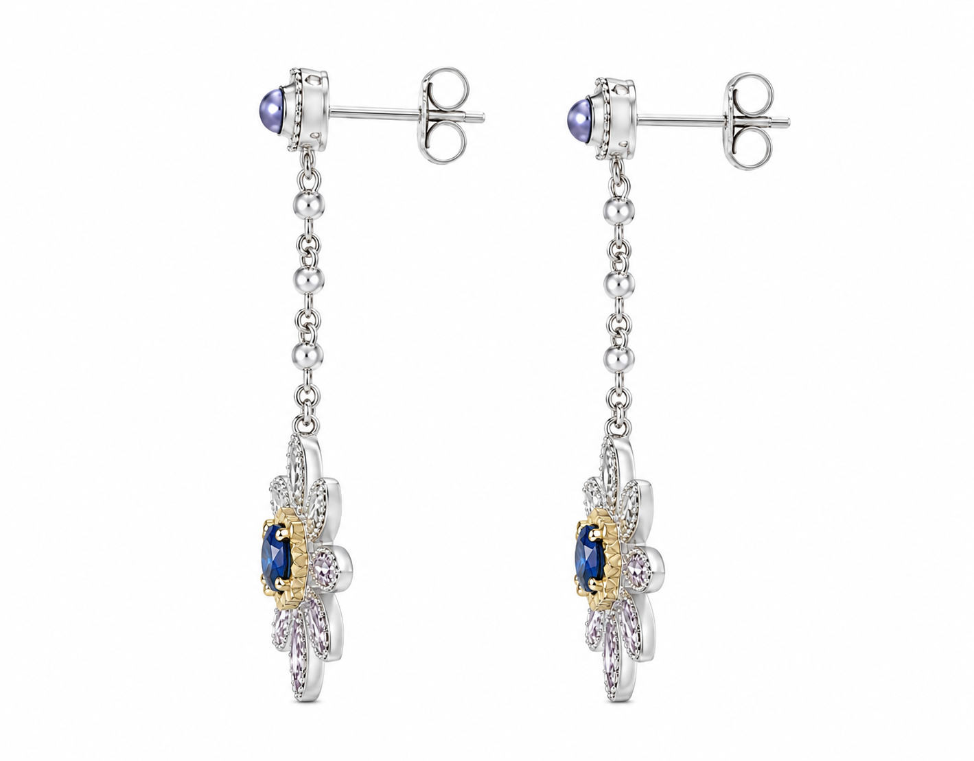 Blue Sapphire Long Dangle Flower Earrings, VVS Grade Blue Sapphire Earrings