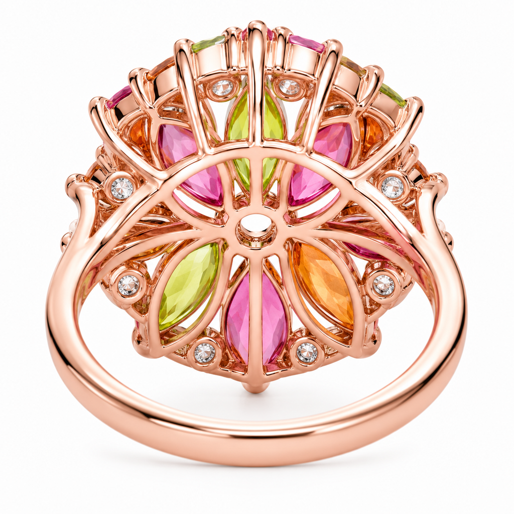 Natural Brazilian Tourmaline Flower Ring, Colorful Gemstone Cluster Ring, Oct.