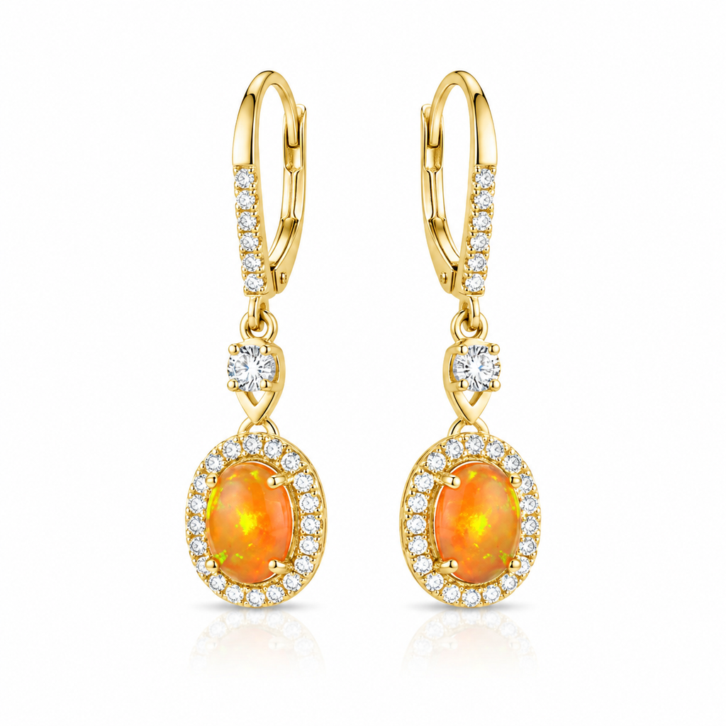 Mexican Orange Fire Opal Dangle Earrings 4x6mm 925 Sterling Silver