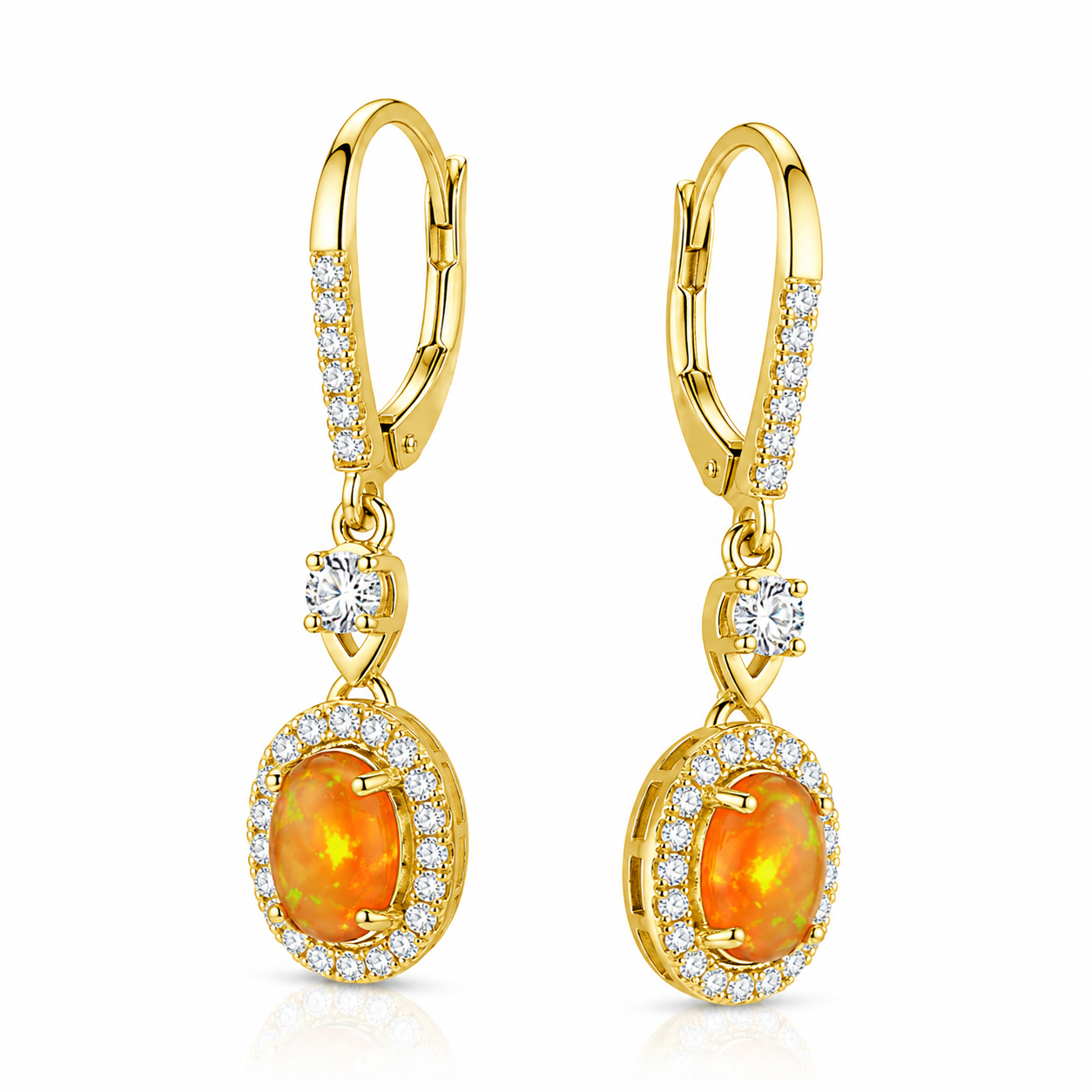 Mexican Orange Fire Opal Dangle Earrings 4x6mm 925 Sterling Silver