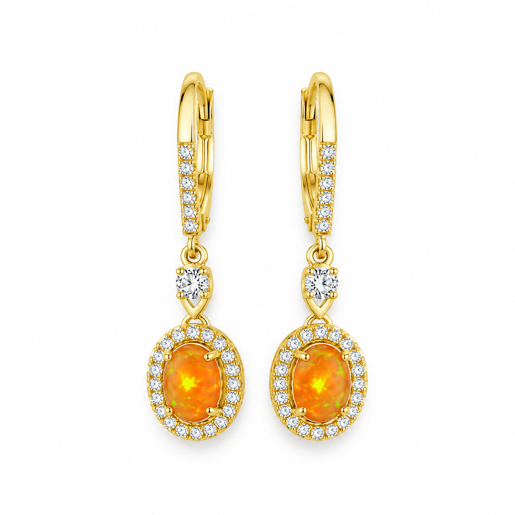 Mexican Orange Fire Opal Dangle Earrings 4x6mm 925 Sterling Silver