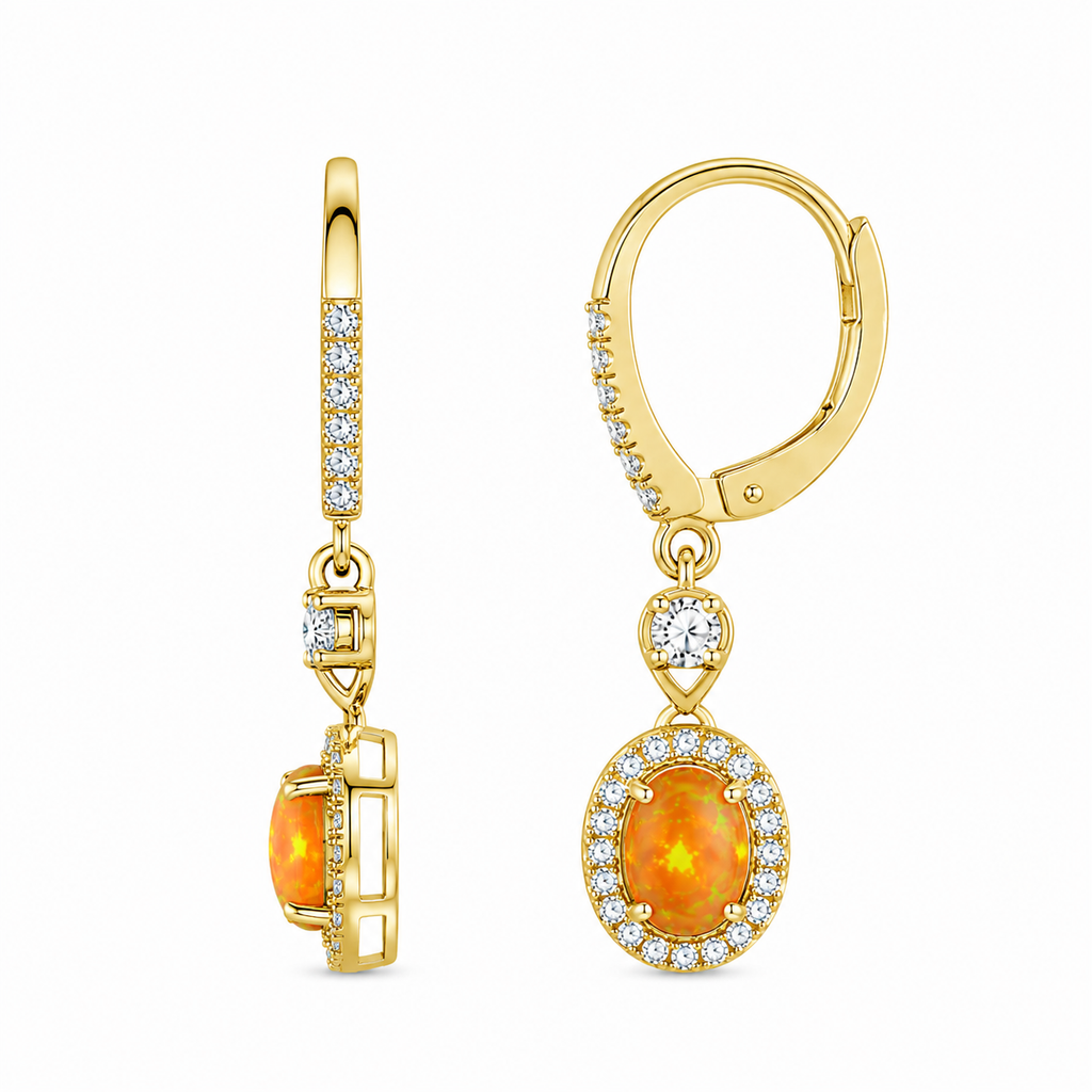 Mexican Orange Fire Opal Dangle Earrings 4x6mm 925 Sterling Silver
