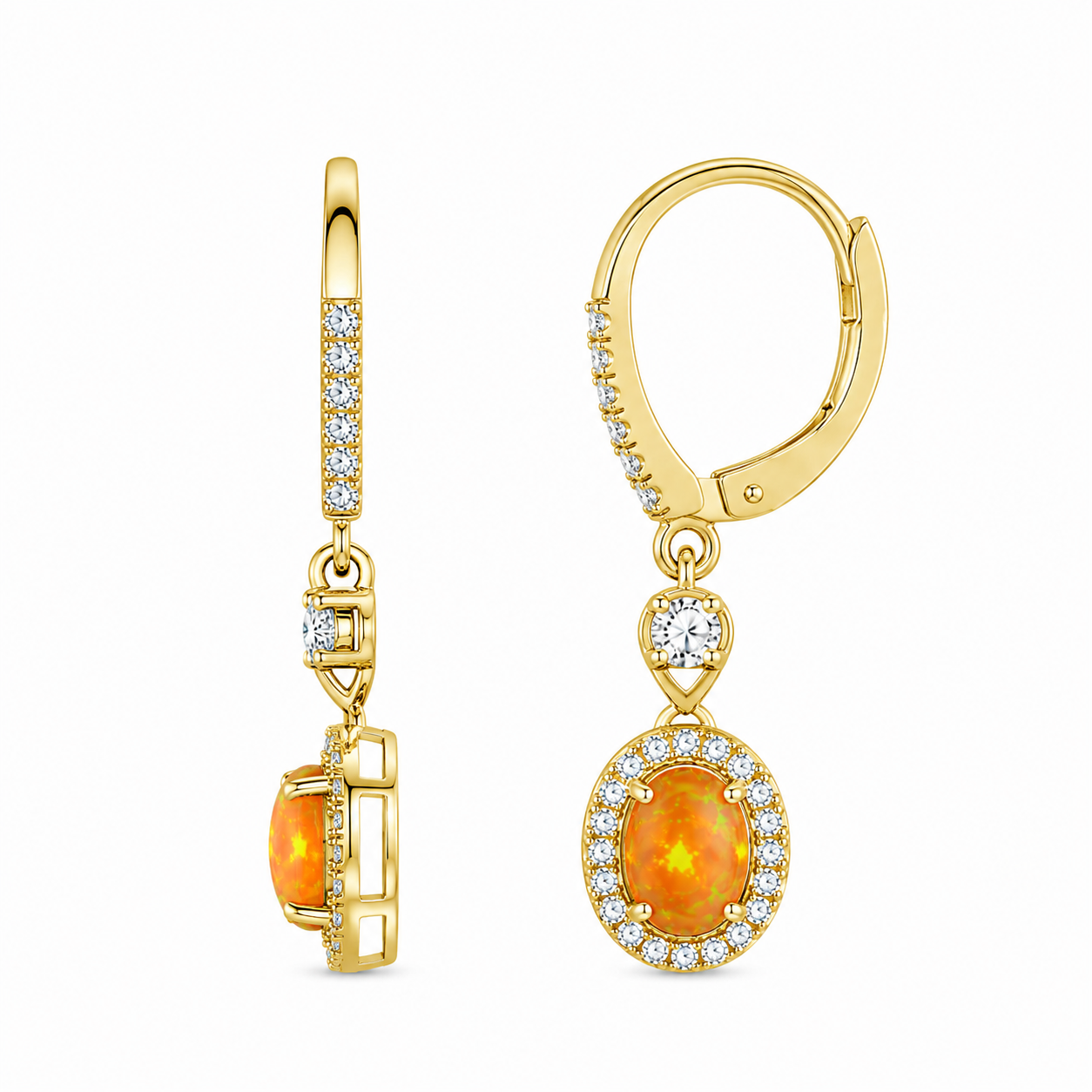Mexican Orange Fire Opal Dangle Earrings 4x6mm 925 Sterling Silver