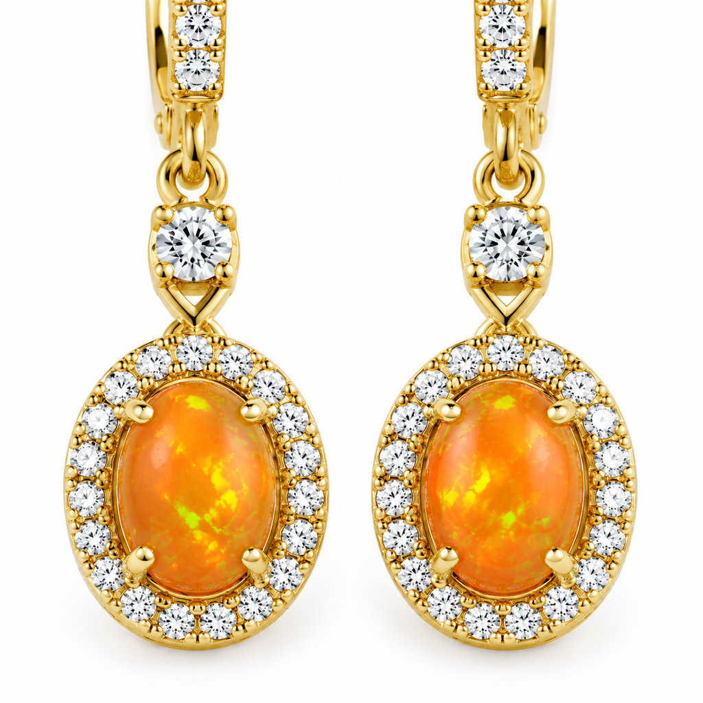 Mexican Orange Fire Opal Dangle Earrings 4x6mm 925 Sterling Silver