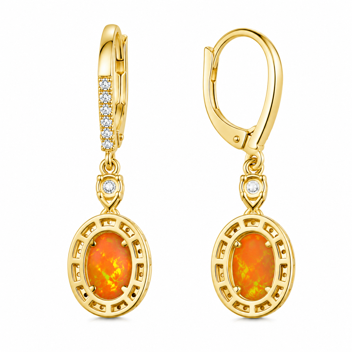 Mexican Orange Fire Opal Dangle Earrings 4x6mm 925 Sterling Silver